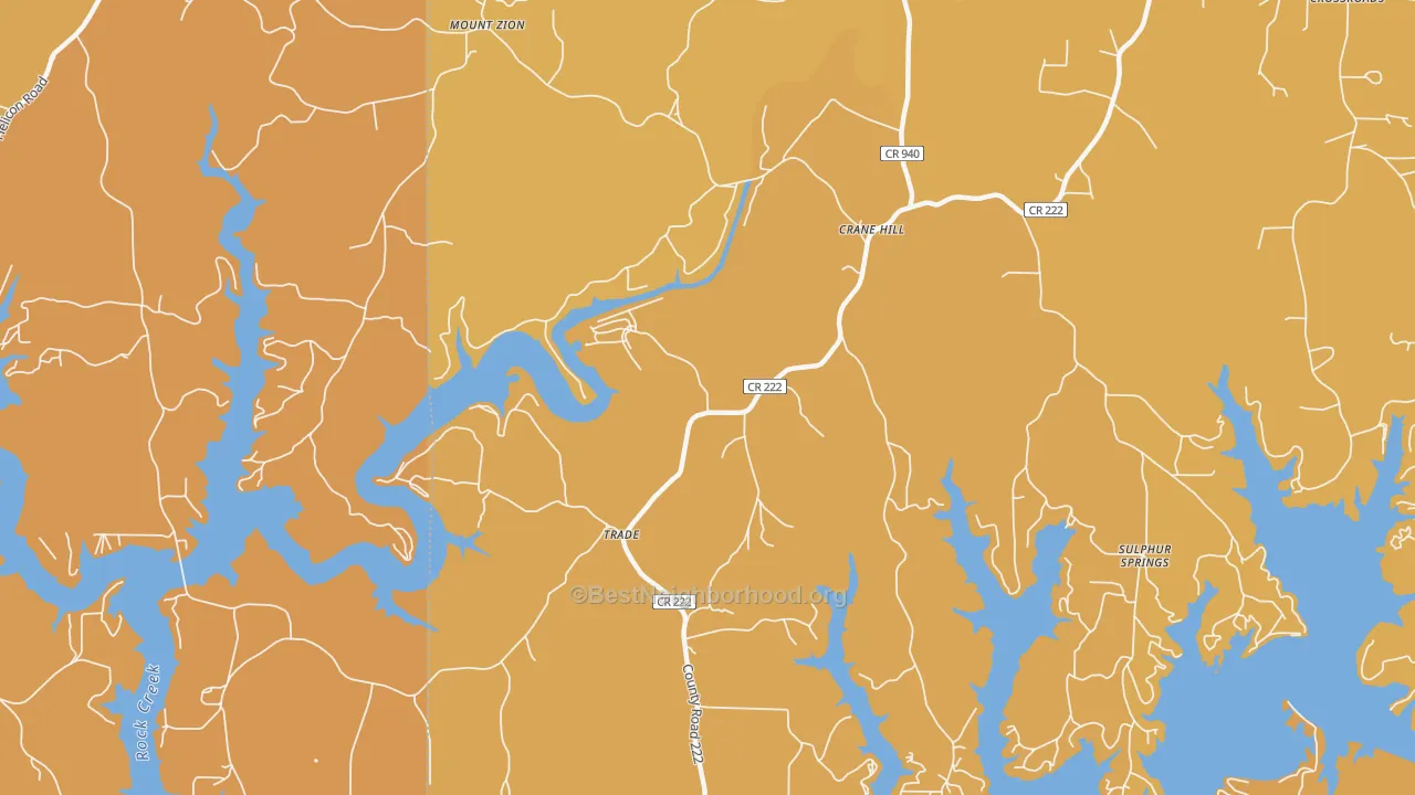 Map of the best neighborhoods in the Trade area, with better matches in green and worse matches in red