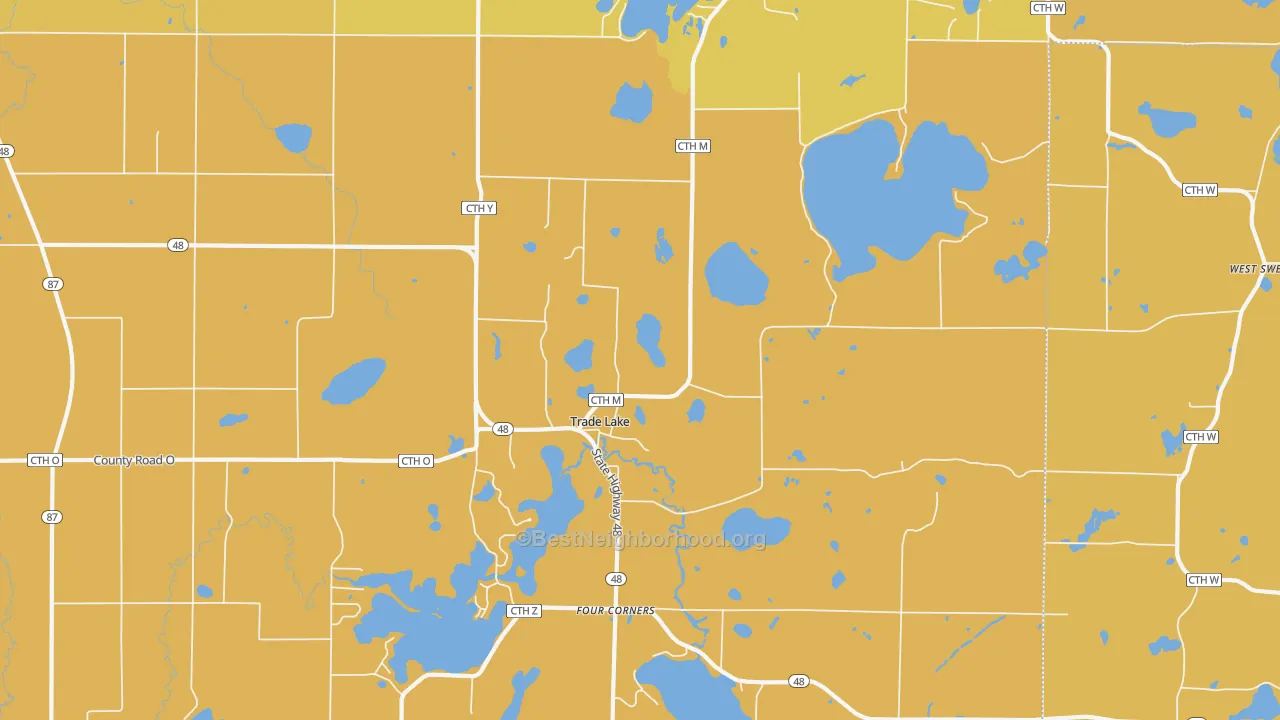 Map of the best neighborhoods in the Trade Lake area, with better matches in green and worse matches in red