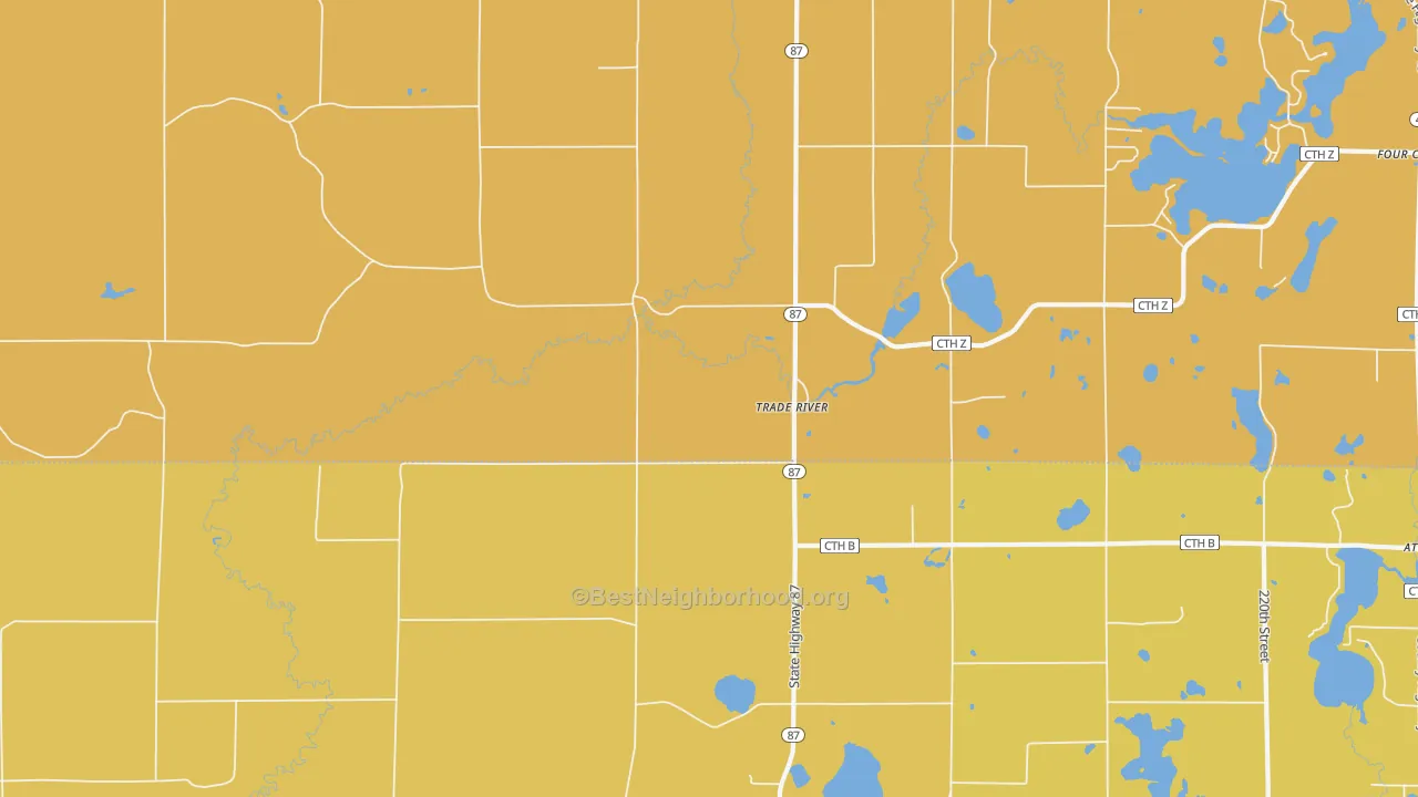 Map of the best neighborhoods in the Trade River area, with better matches in green and worse matches in red