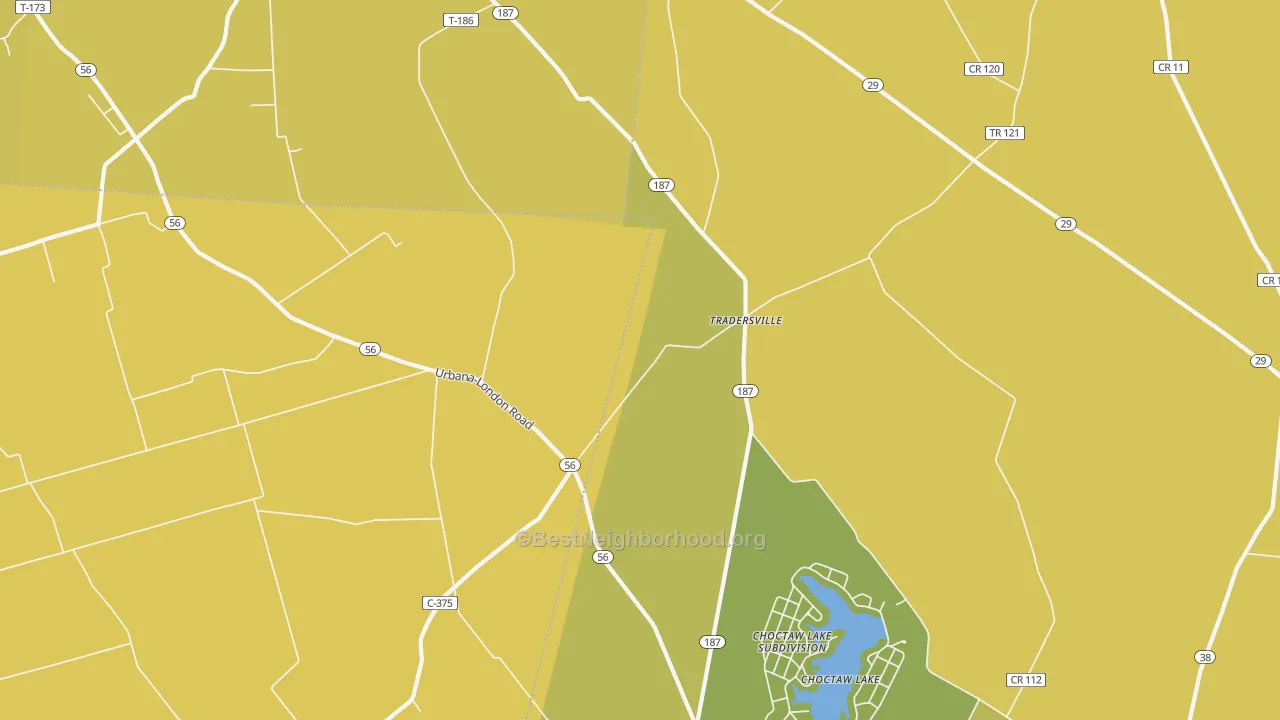 Map of the best neighborhoods in the Tradersville area, with better matches in green and worse matches in red