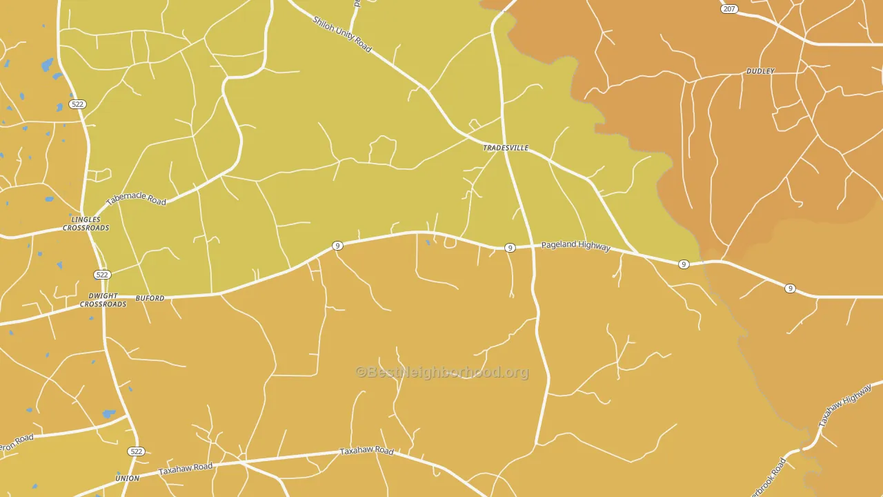 Map of the best neighborhoods in the Tradesville area, with better matches in green and worse matches in red
