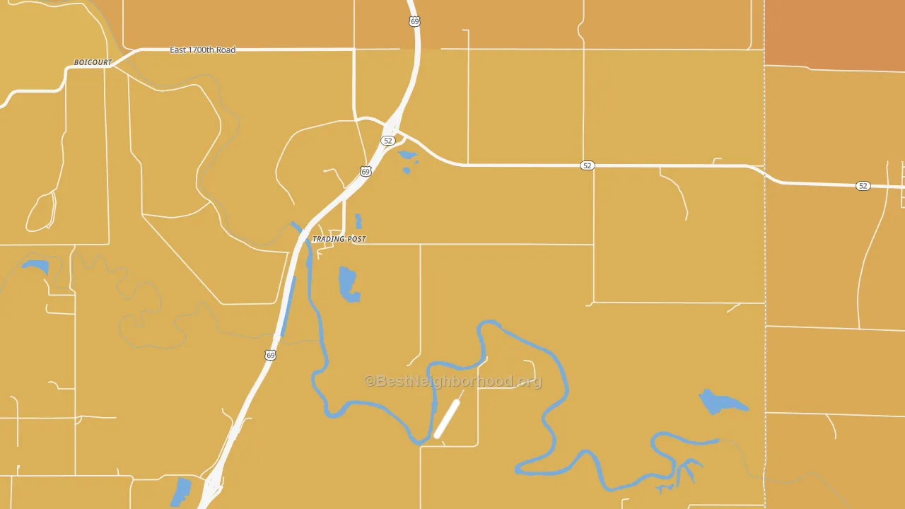 Map of the best neighborhoods in the Trading Post area, with better matches in green and worse matches in red