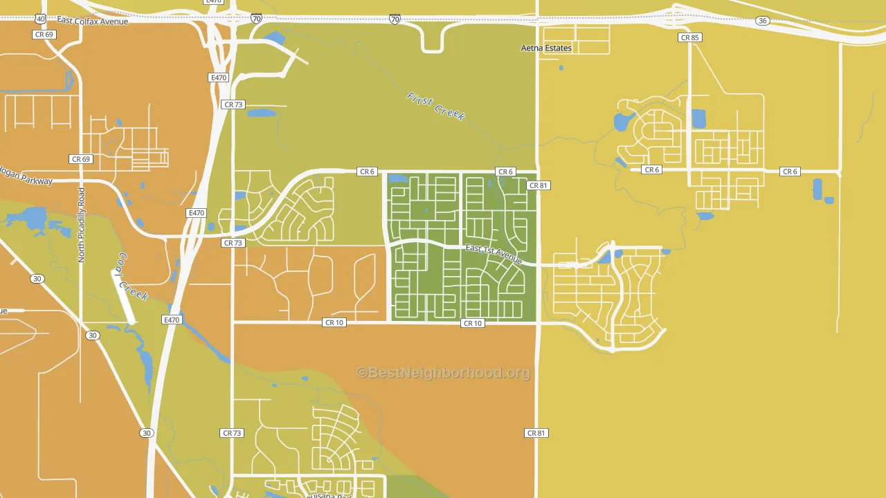 Map of the best neighborhoods in the Traditions, Aurora area, with better matches in green and worse matches in red