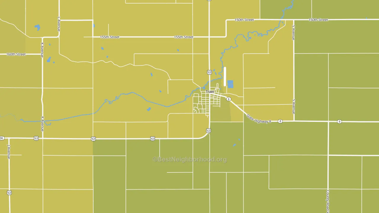 Map of the best neighborhoods in the Traer area, with better matches in green and worse matches in red