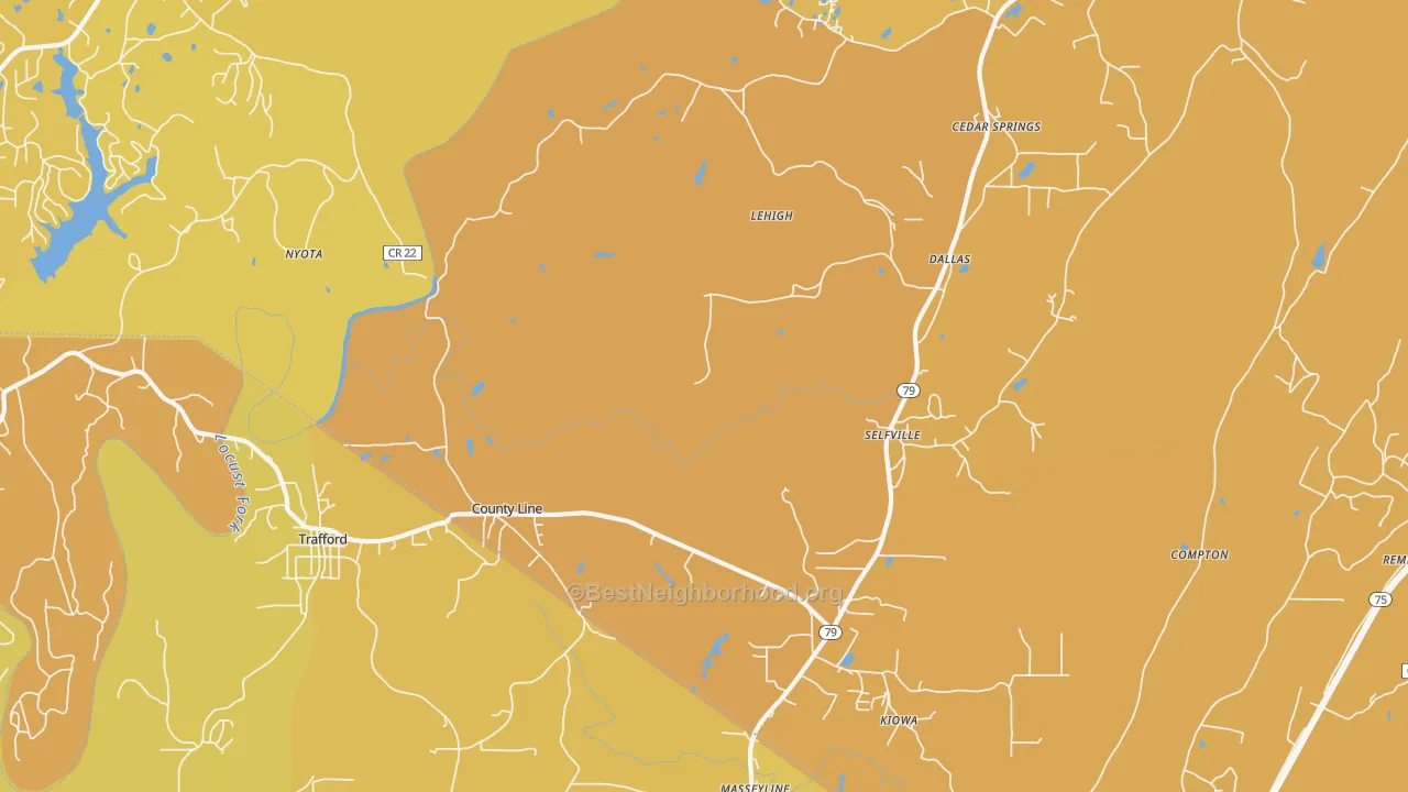 Map of the best neighborhoods in the Trafford area, with better matches in green and worse matches in red