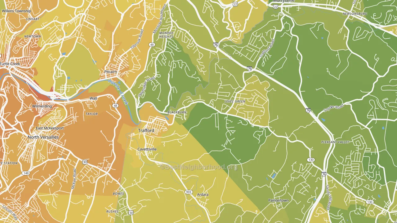 Map of the best neighborhoods in the Trafford area, with better matches in green and worse matches in red