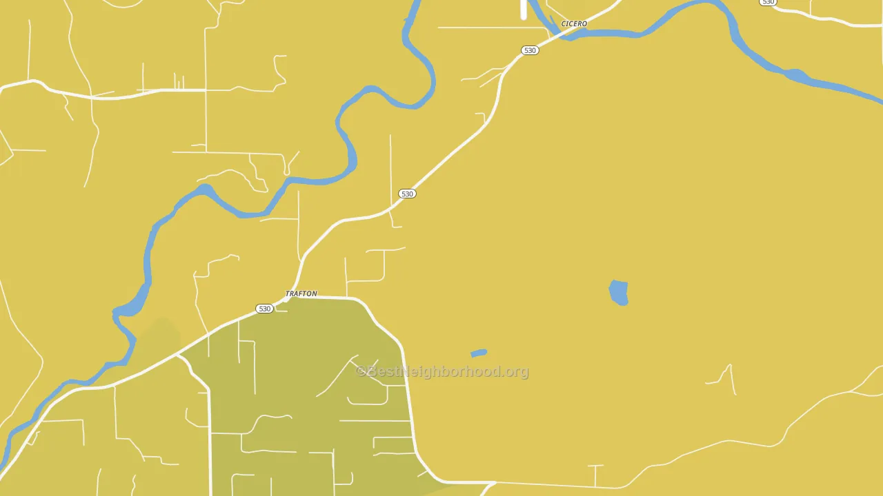 Map of the best neighborhoods in the Trafton area, with better matches in green and worse matches in red