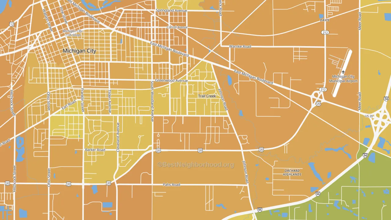Map of the best neighborhoods in the Trail Creek area, with better matches in green and worse matches in red