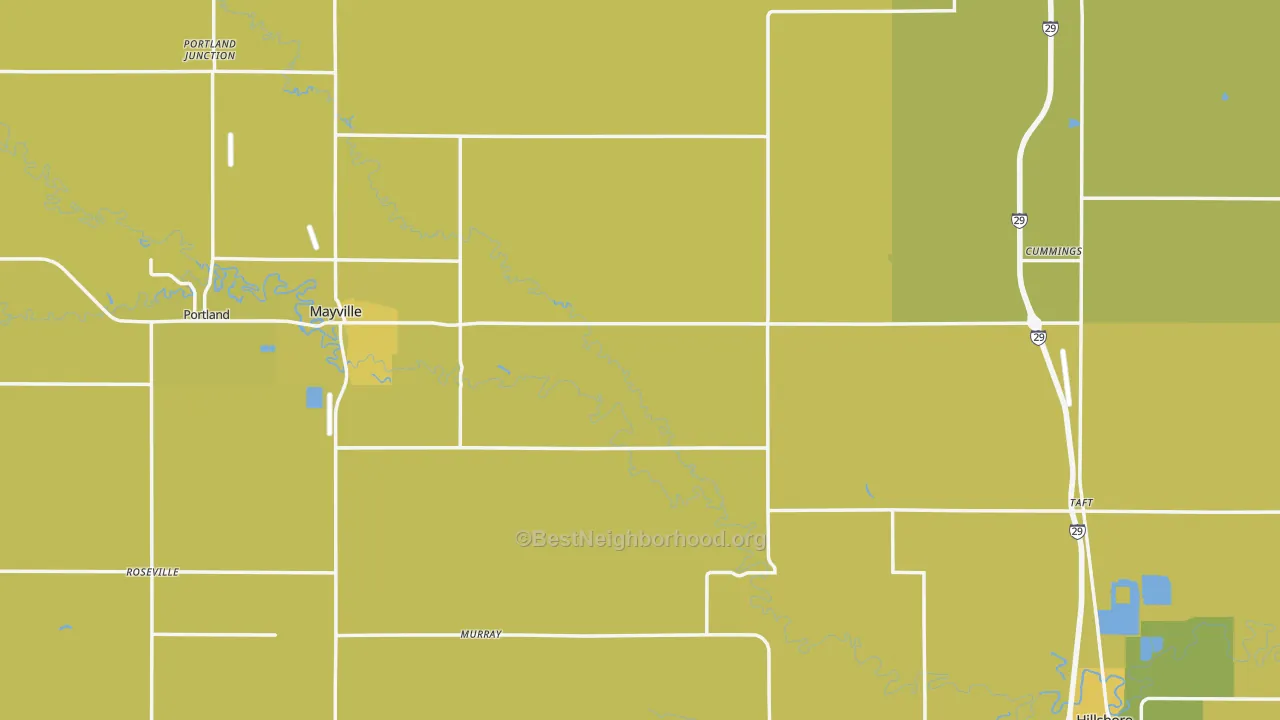 Map of the best neighborhoods in the Traill County area, with better matches in green and worse matches in red