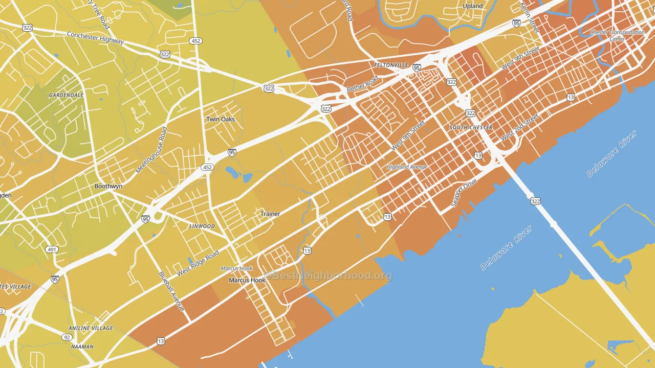 Map of the best neighborhoods in the Trainer area, with better matches in green and worse matches in red