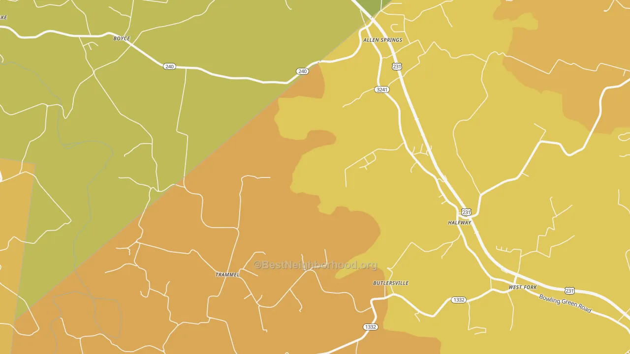 Map of the best neighborhoods in the Trammel area, with better matches in green and worse matches in red