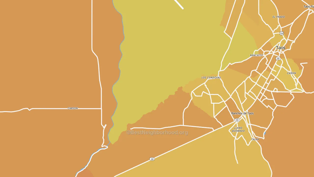 Map of the best neighborhoods in the Trampas area, with better matches in green and worse matches in red