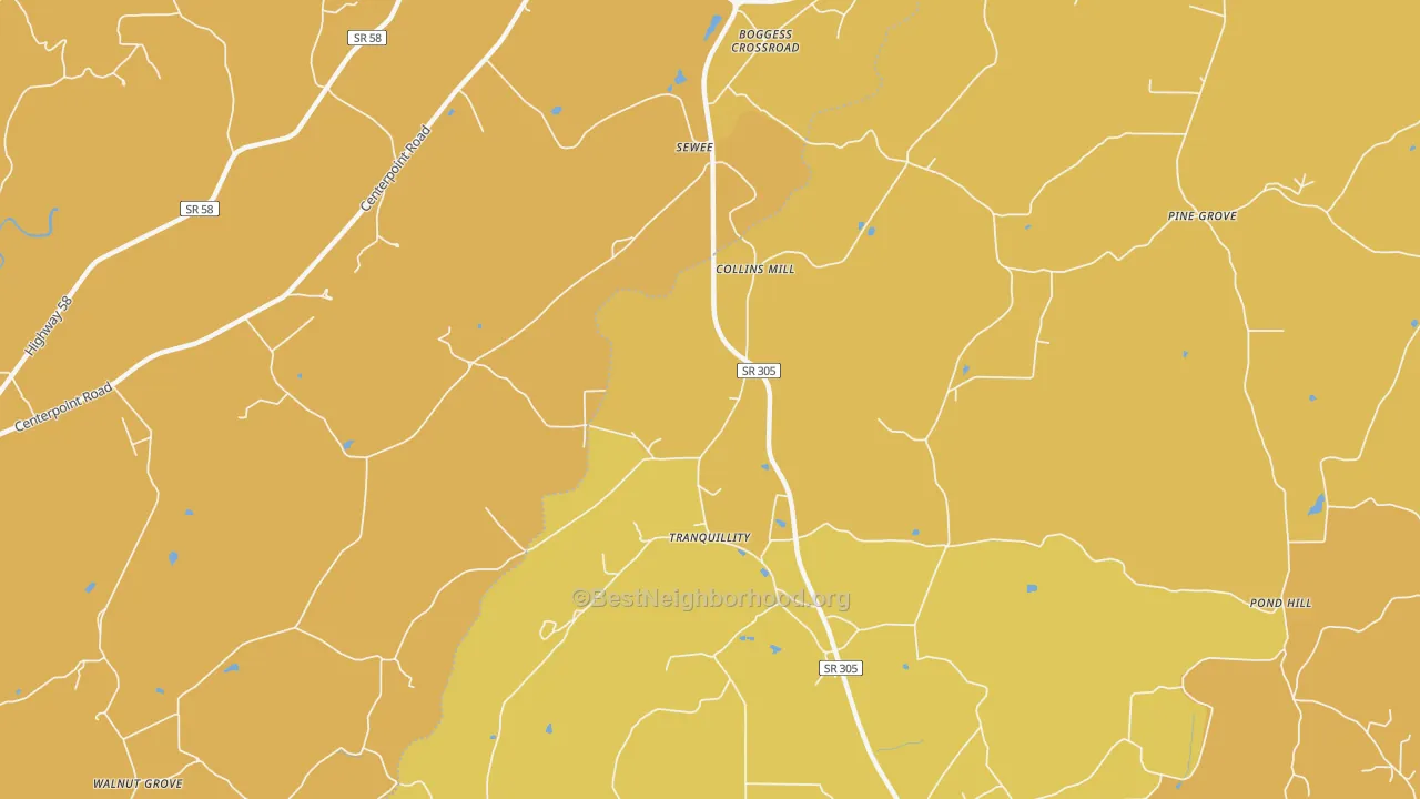 Map of the best neighborhoods in the Tranquillity area, with better matches in green and worse matches in red