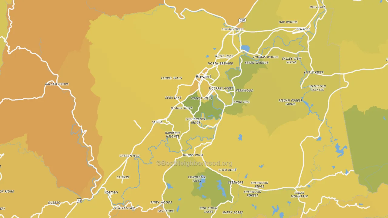 Map of the best neighborhoods in the Transylvania County area, with better matches in green and worse matches in red