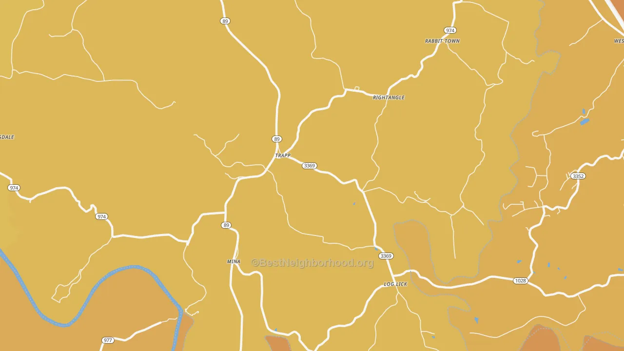 Map of the best neighborhoods in the Trapp area, with better matches in green and worse matches in red