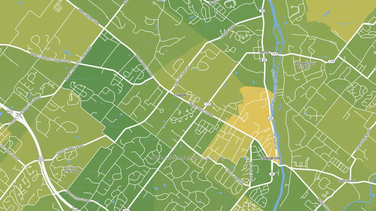 Map of the best neighborhoods in the Trappe area, with better matches in green and worse matches in red