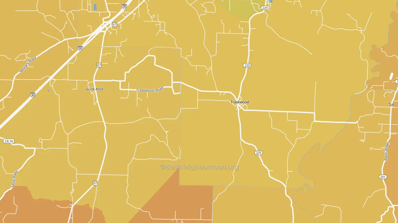 Map of the best neighborhoods in the Traskwood area, with better matches in green and worse matches in red