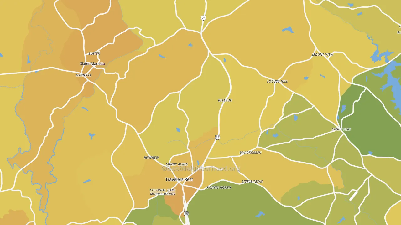 Map of the best neighborhoods in the Travelers Rest area, with better matches in green and worse matches in red