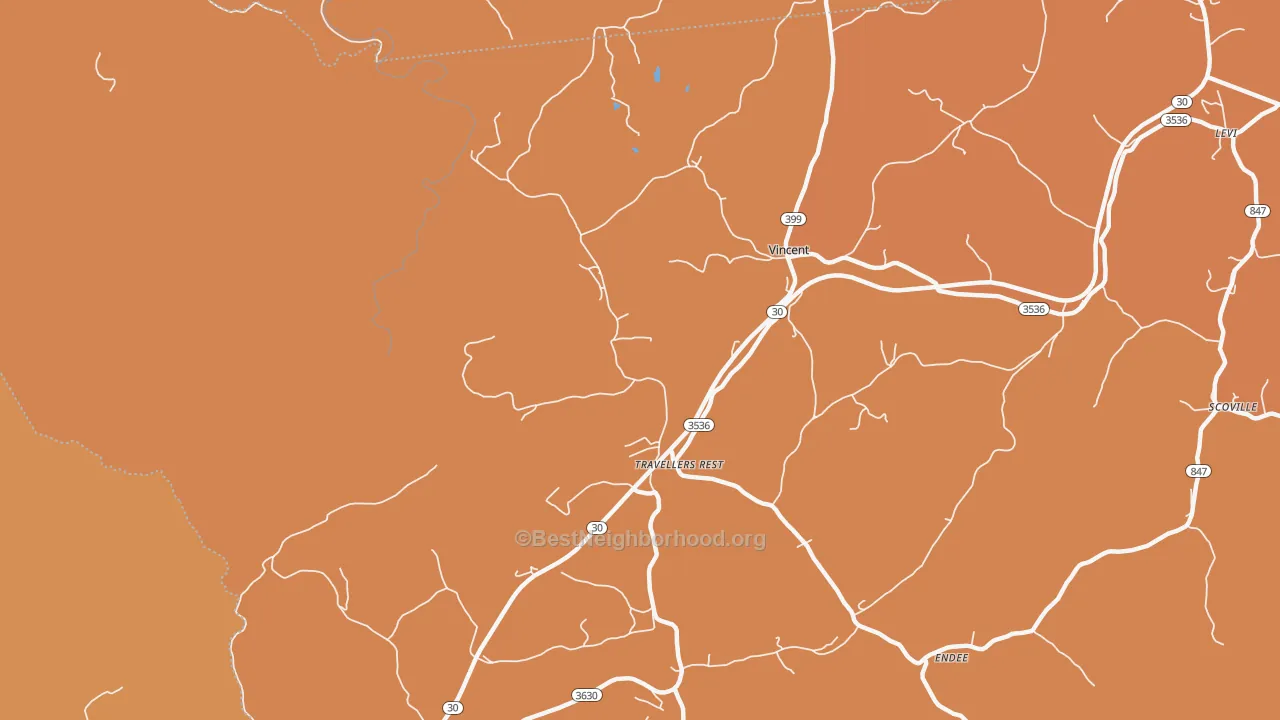 Map of the best neighborhoods in the Travellers Rest area, with better matches in green and worse matches in red