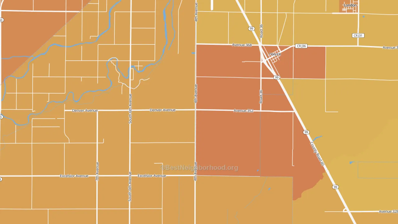 Map of the best neighborhoods in the Traver area, with better matches in green and worse matches in red