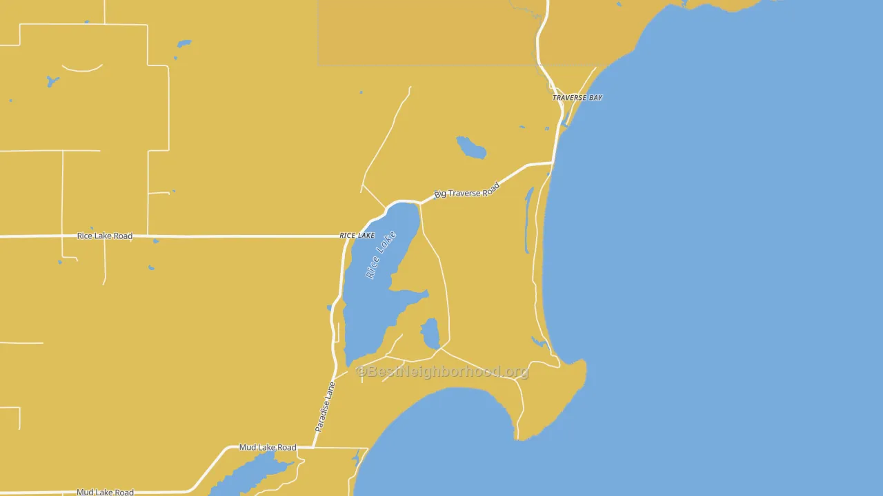 Map of the best neighborhoods in the Traverse Bay area, with better matches in green and worse matches in red
