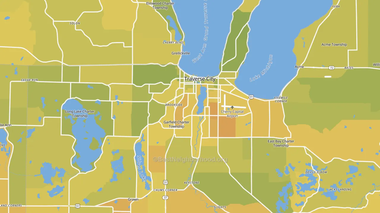 Map of the best neighborhoods in the Traverse City Metro area, with better matches in green and worse matches in red