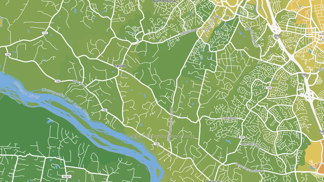 Map of the best neighborhoods in the Travilah area, with better matches in green and worse matches in red