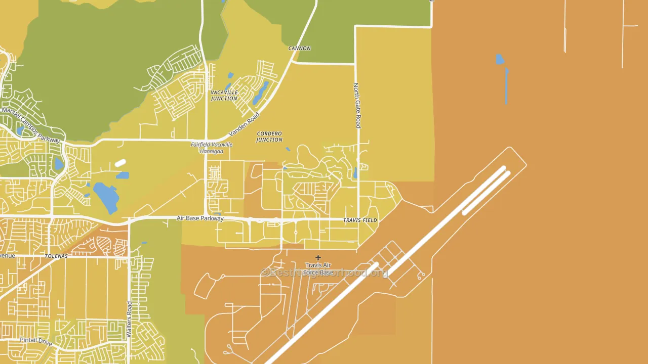 Map of the best neighborhoods in the Travis Afb area, with better matches in green and worse matches in red
