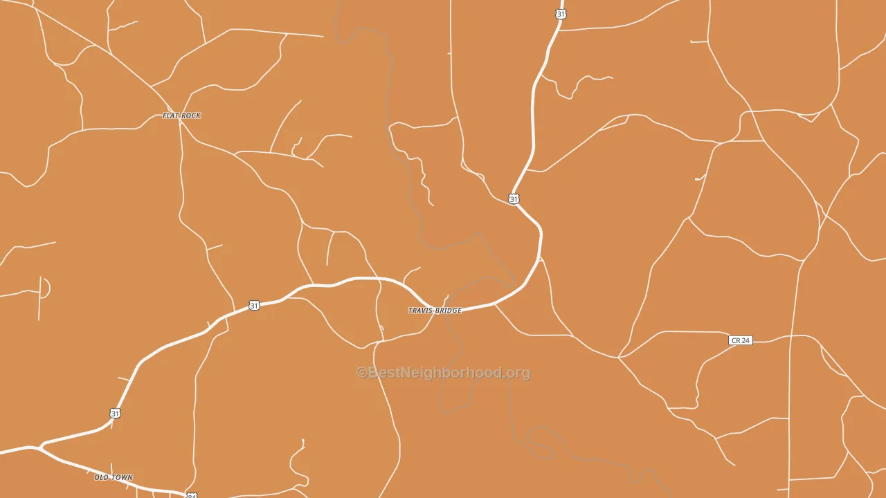 Map of the best neighborhoods in the Travis Bridge area, with better matches in green and worse matches in red