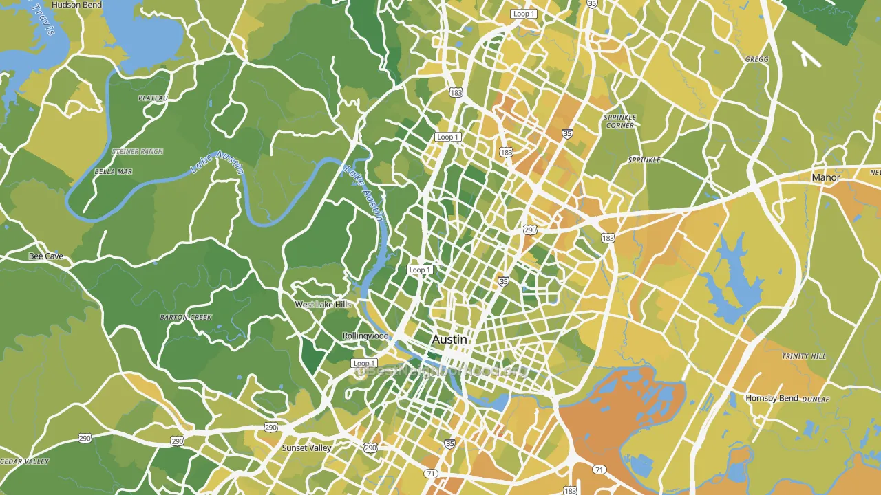 Map of the best neighborhoods in the Travis County area, with better matches in green and worse matches in red