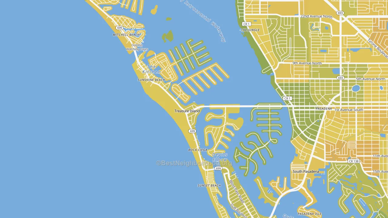 Map of the best neighborhoods in the Treasure Island area, with better matches in green and worse matches in red