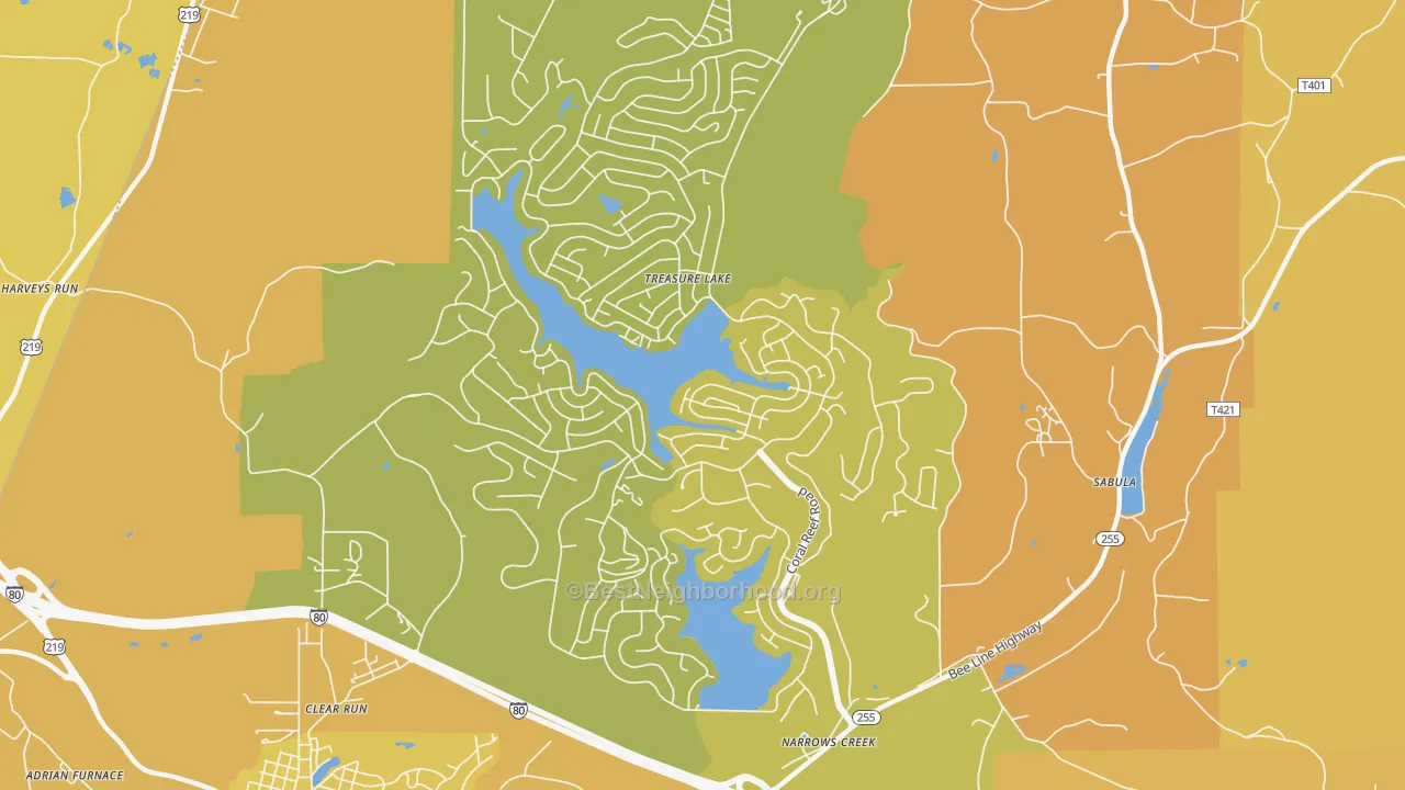 Map of the best neighborhoods in the Treasure Lake area, with better matches in green and worse matches in red