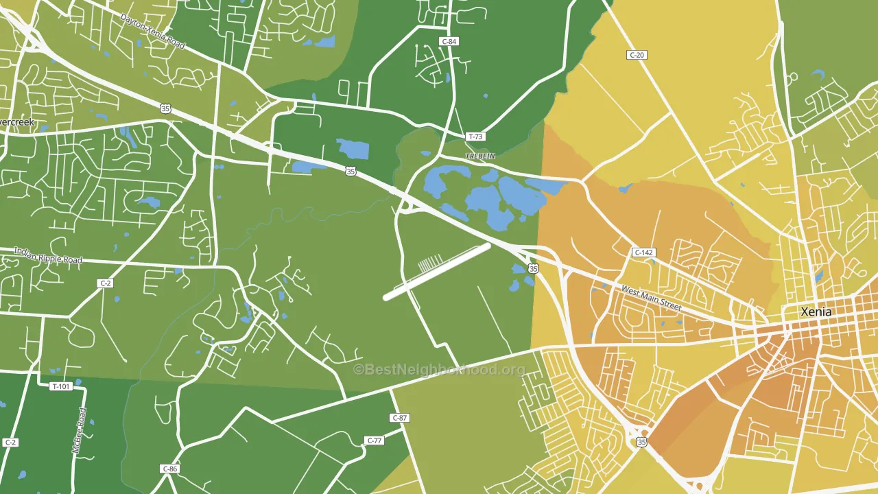 Map of the best neighborhoods in the Trebeins area, with better matches in green and worse matches in red