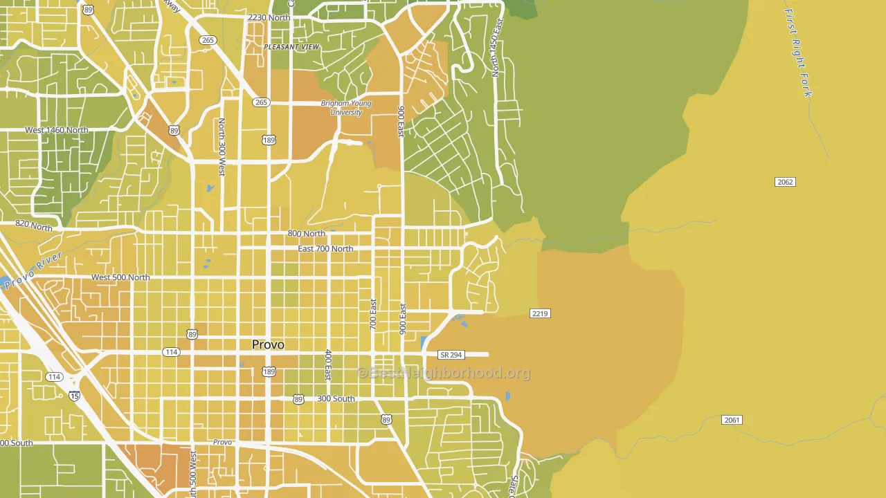 Map of the best neighborhoods in the Tree Streets, Provo area, with better matches in green and worse matches in red