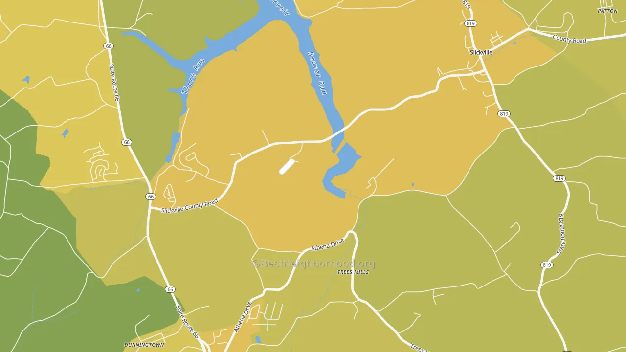 Map of the best neighborhoods in the Trees Mills area, with better matches in green and worse matches in red