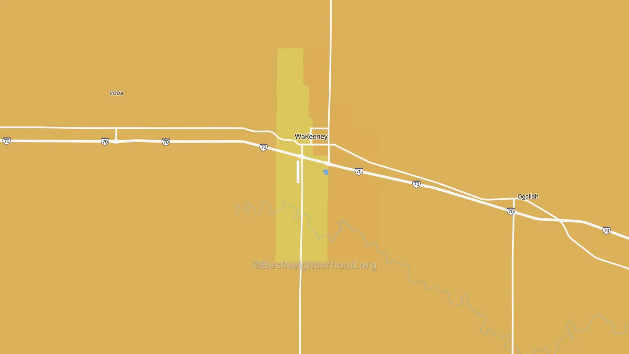 Map of the best neighborhoods in the Trego County area, with better matches in green and worse matches in red