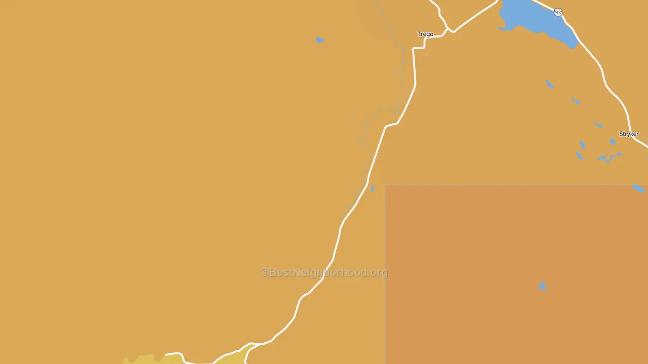 Map of the best neighborhoods in the Trego area, with better matches in green and worse matches in red