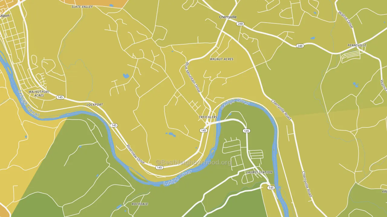 Map of the best neighborhoods in the Treichlers area, with better matches in green and worse matches in red