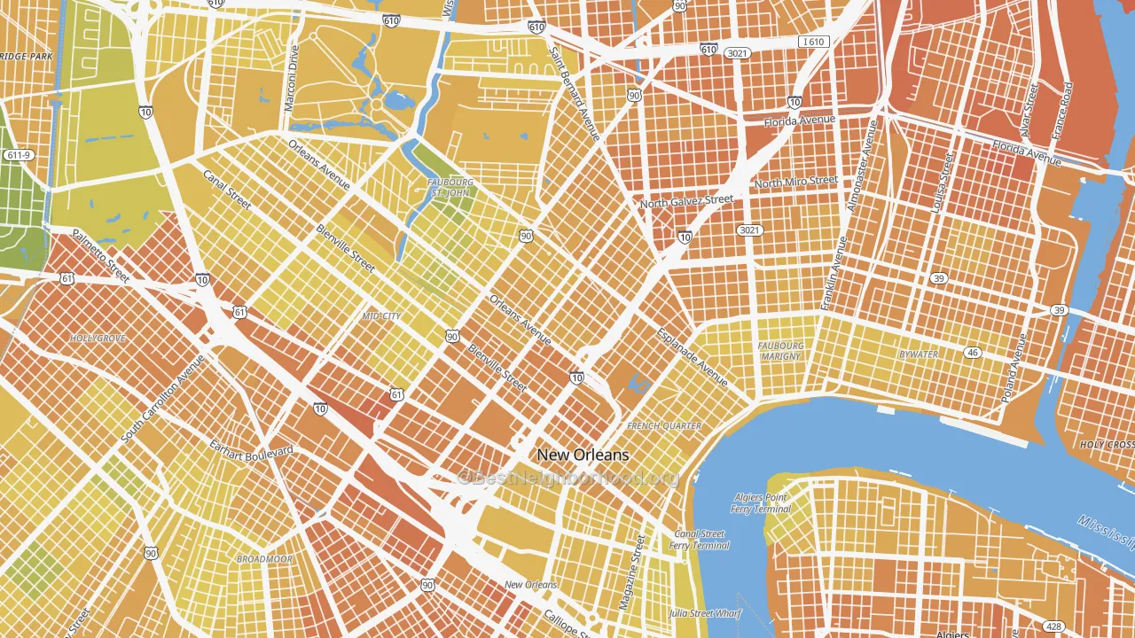 Map of the best neighborhoods in the Treme' Lafitte, New Orleans area, with better matches in green and worse matches in red