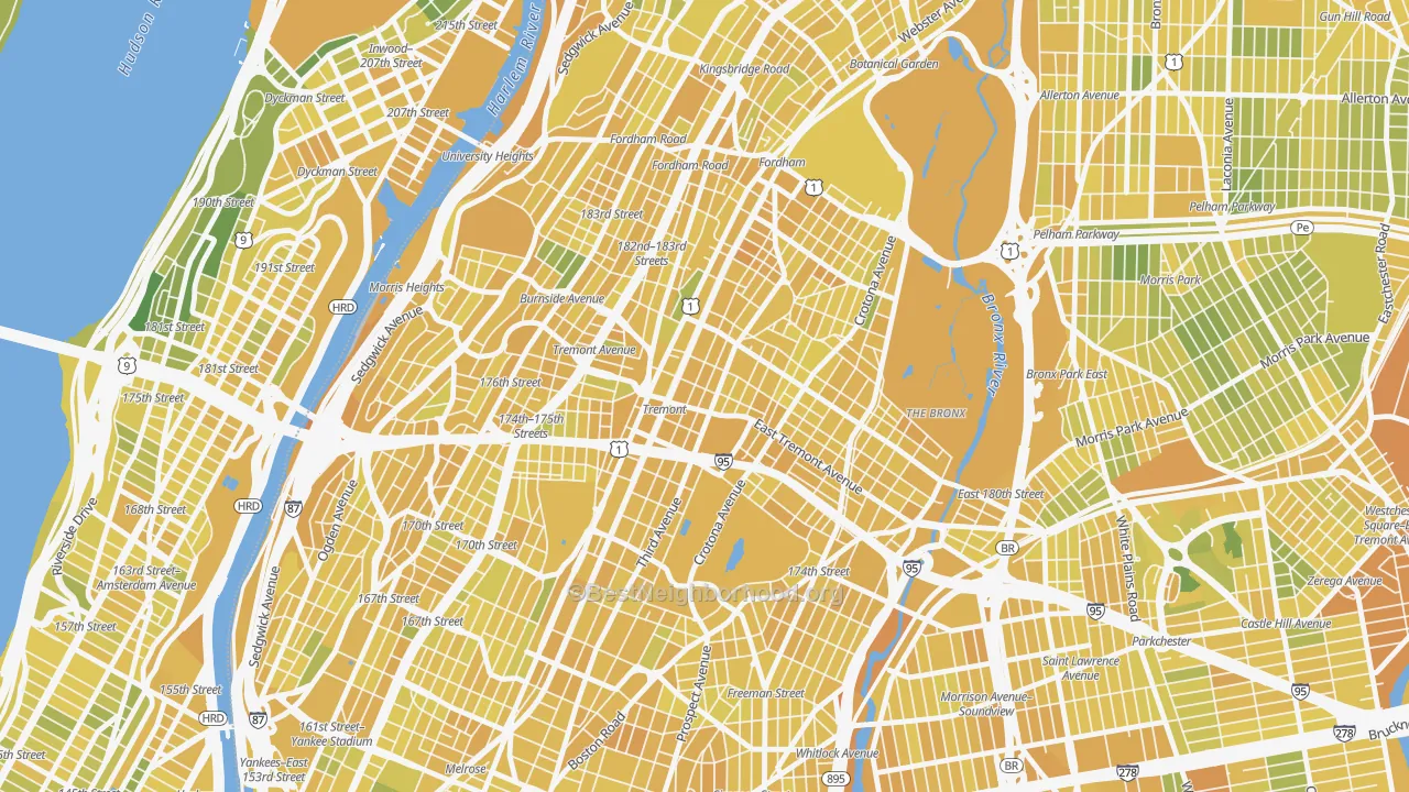 Map of the best neighborhoods in the Tremont, Bronx area, with better matches in green and worse matches in red