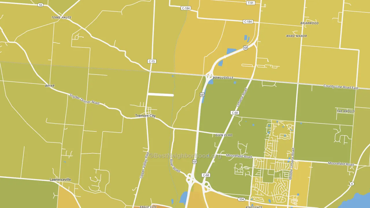 Map of the best neighborhoods in the Tremont City area, with better matches in green and worse matches in red