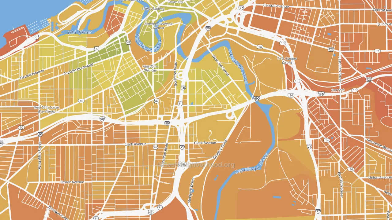 Map of the best neighborhoods in the Tremont, Cleveland area, with better matches in green and worse matches in red