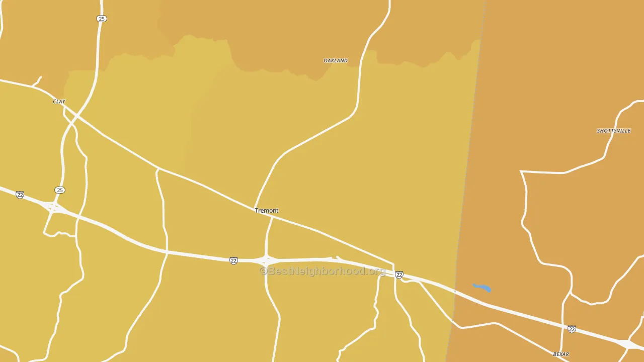 Map of the best neighborhoods in the Tremont area, with better matches in green and worse matches in red