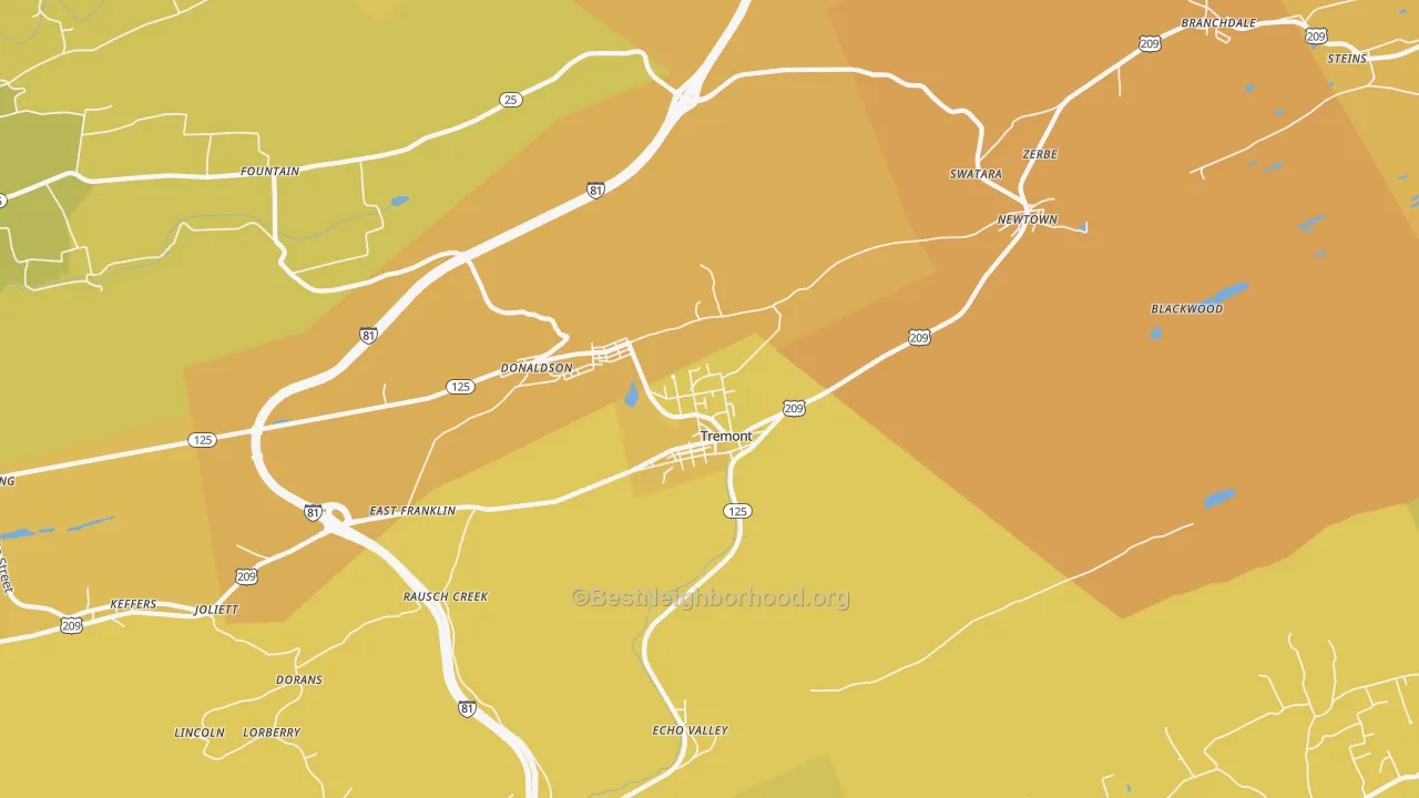 Map of the best neighborhoods in the Tremont area, with better matches in green and worse matches in red