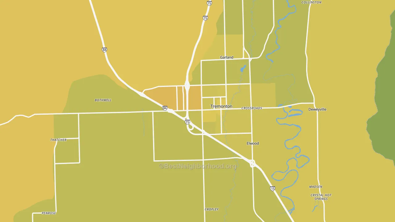 Map of the best neighborhoods in the Tremonton area, with better matches in green and worse matches in red