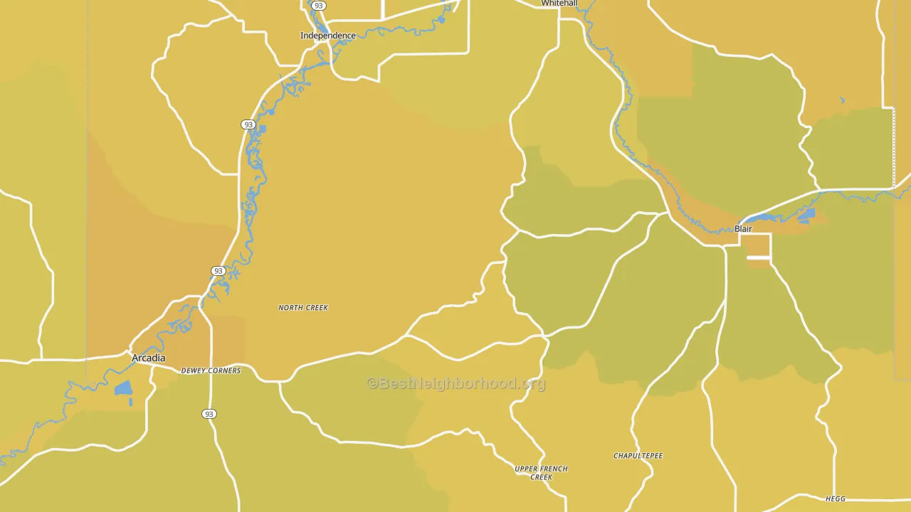 Map of the best neighborhoods in the Trempealeau County area, with better matches in green and worse matches in red