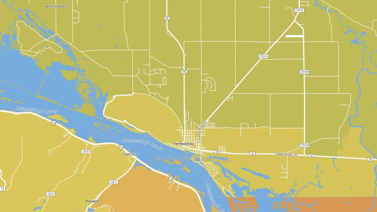 Map of the best neighborhoods in the Trempealeau area, with better matches in green and worse matches in red