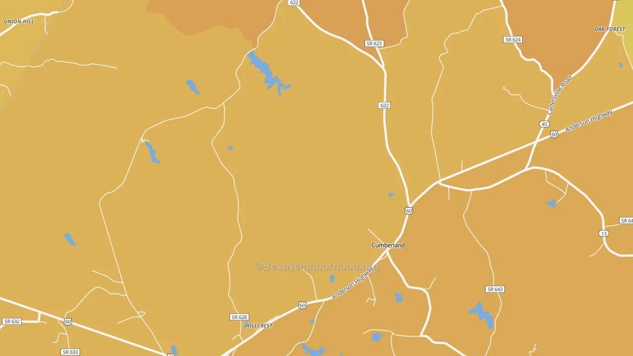 Map of the best neighborhoods in the Trent Mill area, with better matches in green and worse matches in red