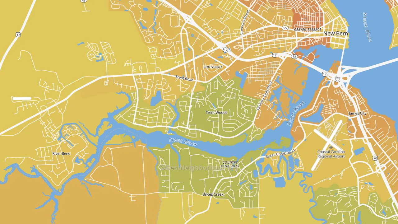 Map of the best neighborhoods in the Trent Woods area, with better matches in green and worse matches in red