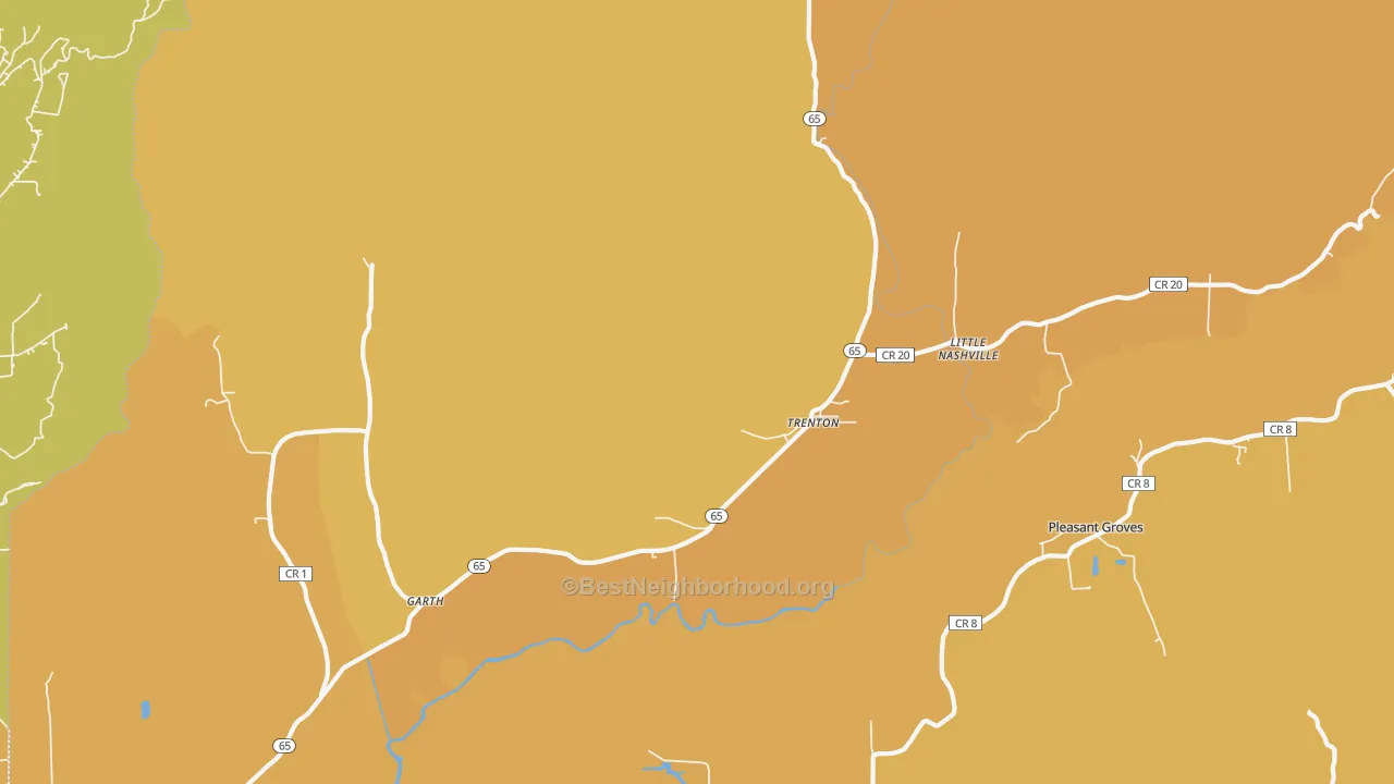Map of the best neighborhoods in the Trenton area, with better matches in green and worse matches in red